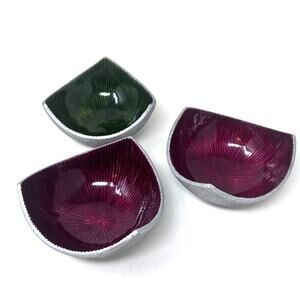 Simply Designz 3 Snack Nut Bowls 5" Modern Enamel Silver Tone Metal Red Green‎